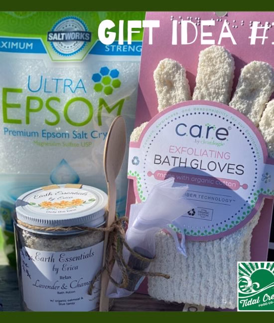 Gift set with Epsom salt, exfoliating bath gloves, and lavender chamomile bath soak