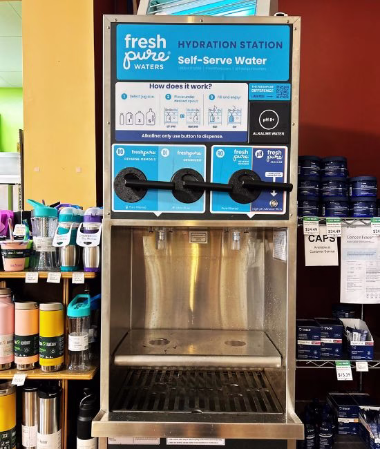 In-store water refill station with multiple dispensing options